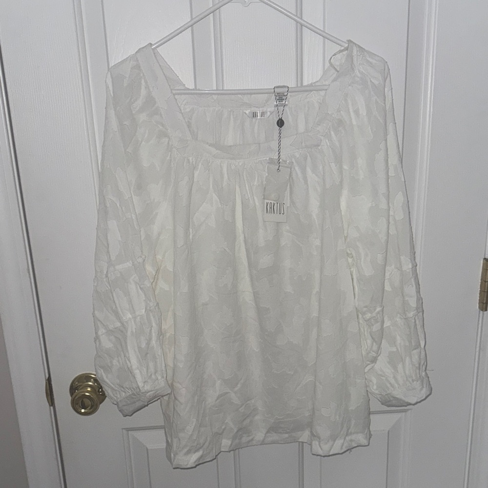 Kaktus Square Neck White Blouse with Textured Floral Pattern